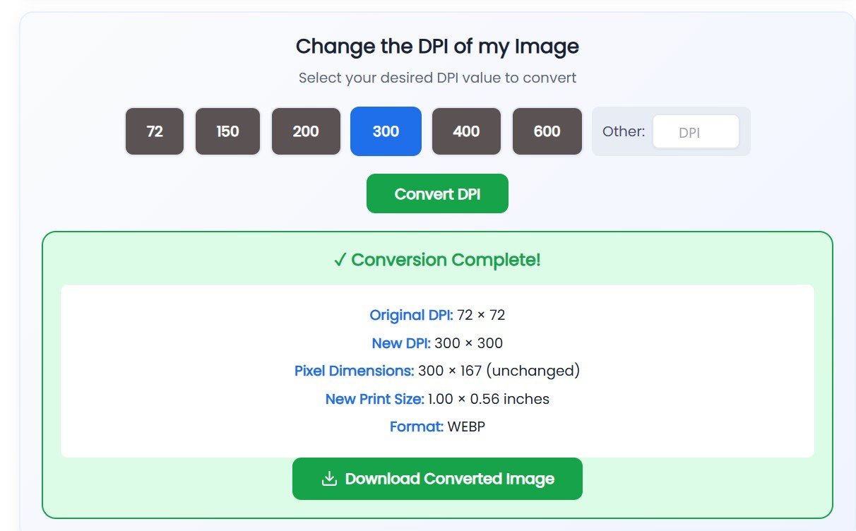 Image DPI Changer Tool Interface - Conversion Complete Example